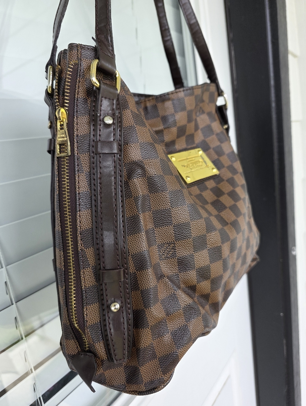 Louis Vuitton Brown Checkered Shoulder Top Handle Bag Women 11x13 Inches - Picture 6 of 15